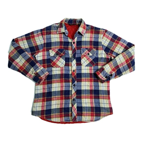 Plaid Flannel Size Medium Quilted Lined Shirt Shacket Red Blue Button Insulated - Picture 1 of 9